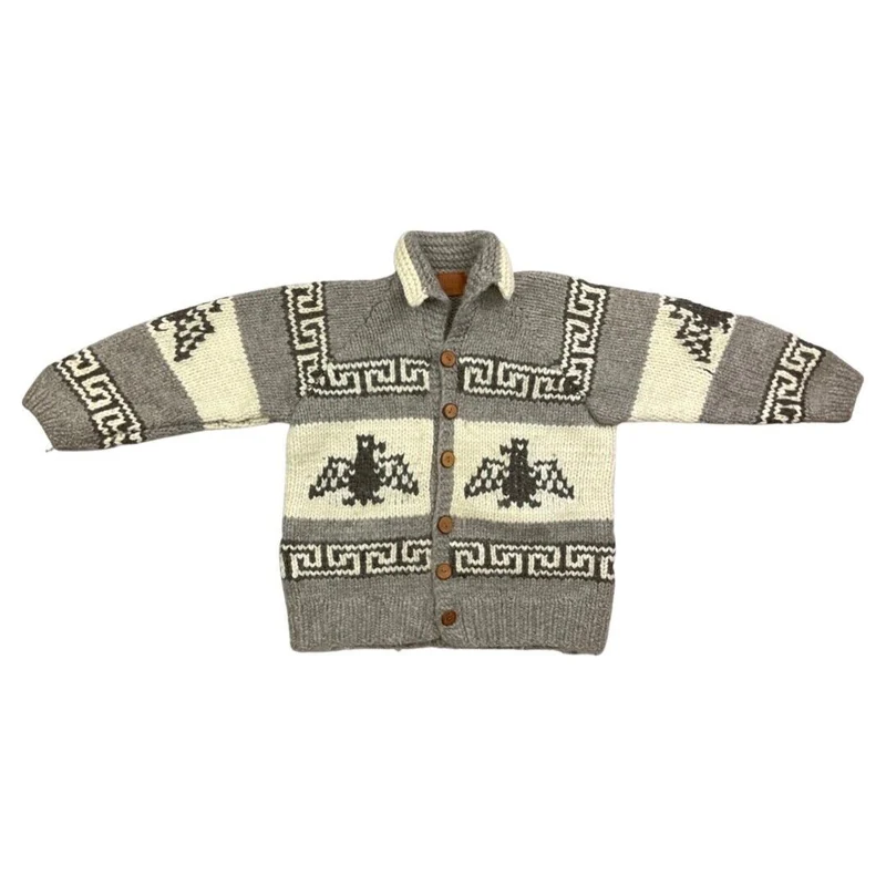 VINTAGE 70s MENS BROWN WOOL COWICHAN GRAPHIC KNIT ROCKABILLY CARDIGAN 44” L