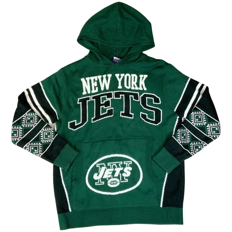 Vintage 00s Green Black White Knitted Hooded Jumper NFL New York Jets L
