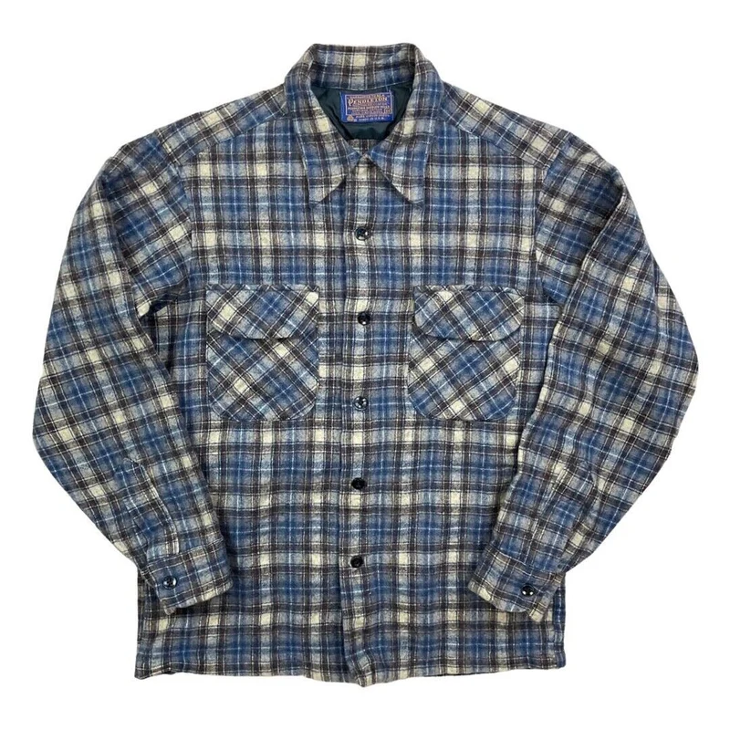 VTG 70s USA BLUE PENDLETON WOOL BOARD SHIRT CHECK PLAID BEACH BOYS XS 34”