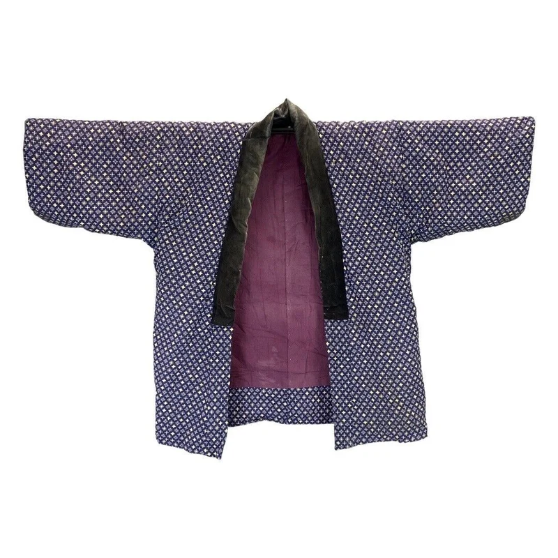 Vintage 80s 90s Navy Blue Geometric Polka Dot Haori Showa Kimono Coat 18 XL