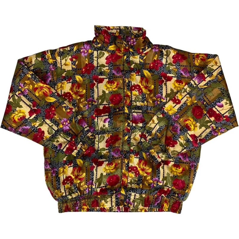 Vintage 80s 90s Green Red ARGEE Sports Floral Patterned Shell Bomber Jacket