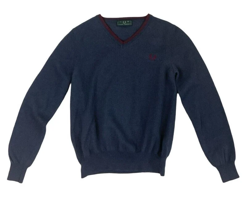VTG 70s FRED PERRY WOOLLEN V NECK JUMPER CHARCOAL GREY BLUE SIZE S