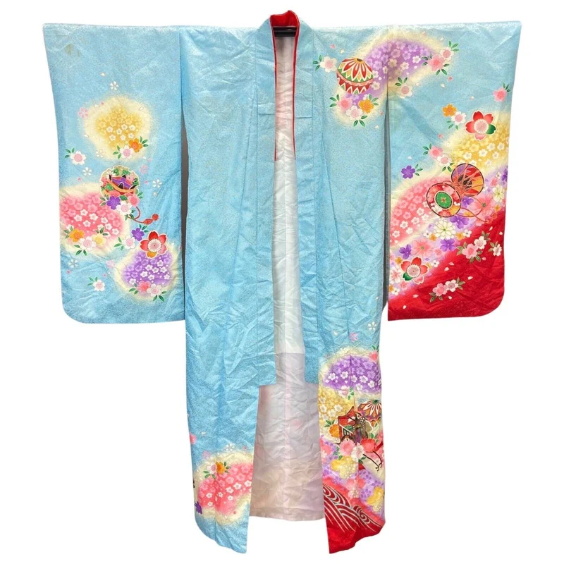 Vintage Blue Red Gold Silk Floral Komon Kimono 12 M