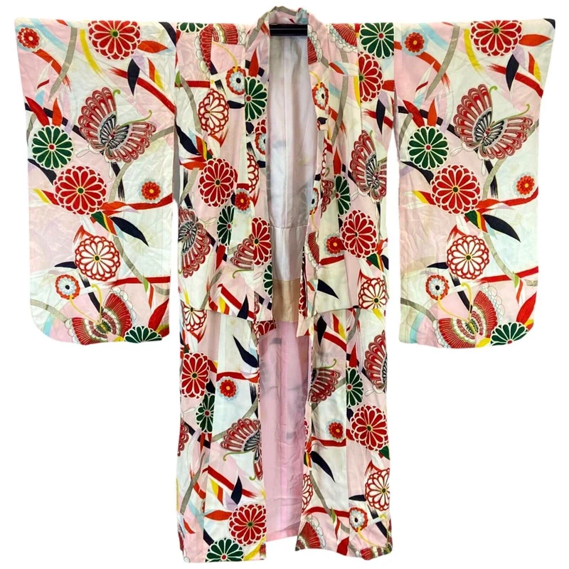 Vintage 60s 70s Pink Green Silk Floral Butterfly Komon Showa Kimono 12 M