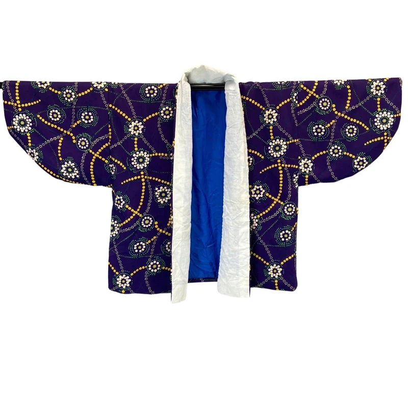 Vintage 70s 80s Purple Yellow Geometric Floral Komon Haori Kimono 16 18 L