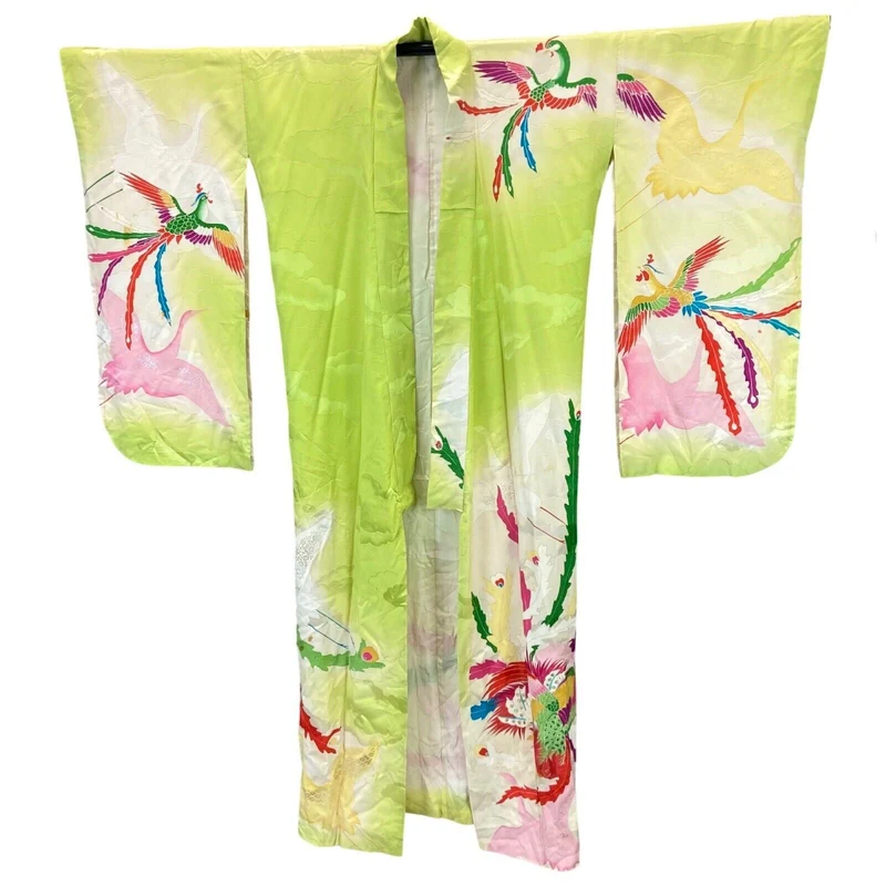 Vintage 70s 80s Green Silk Floral Bird Cloud Pattern Komon Showa Kimono 16 18 L
