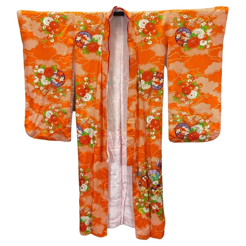 Vintage 80s 90s Orange White Silk Geometric Floral Komon Kimono 12 M