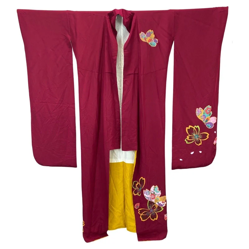 Vintage 70s 80s Burgundy Red Yellow Pattered Kimono XL