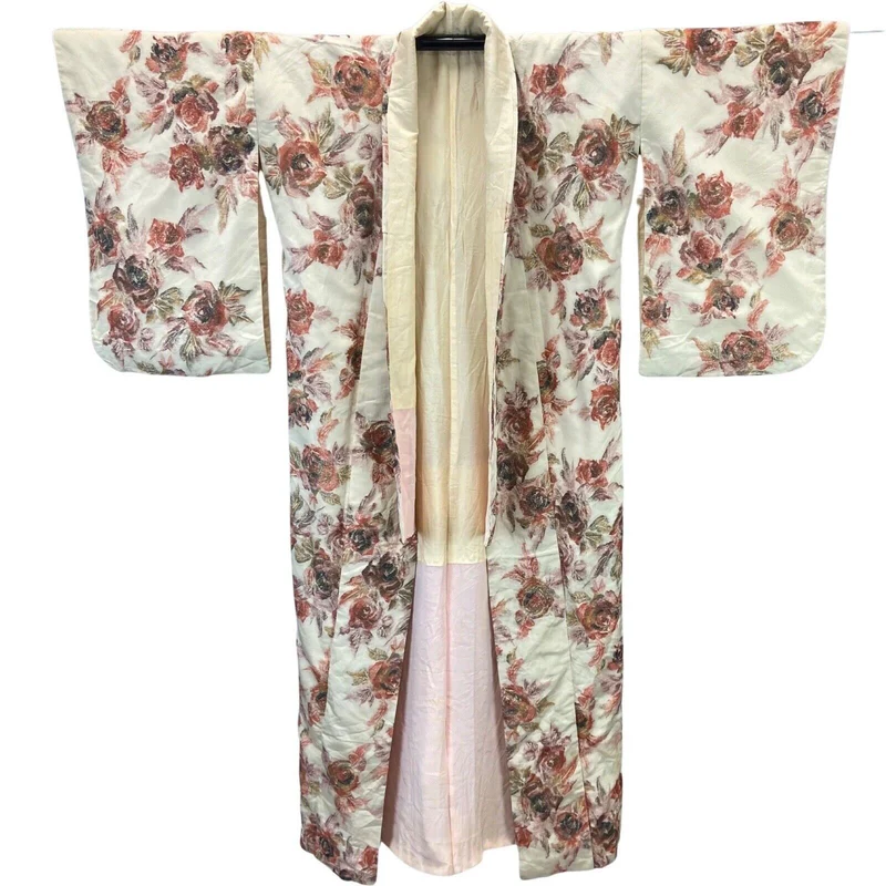 Vintage 70s 80s Cream Pink Flroal Glittery Sparkly Komon Kimono XL