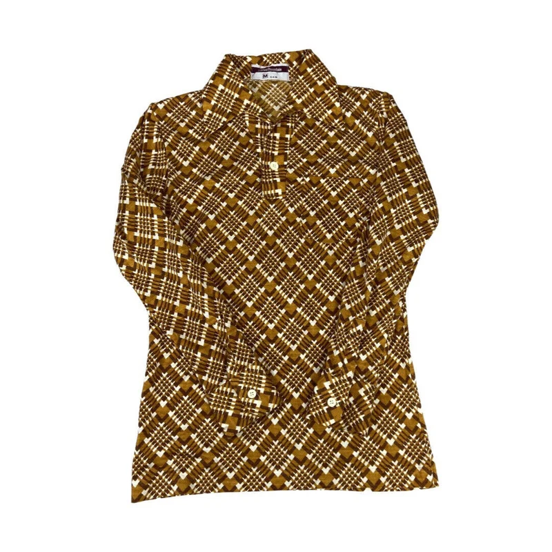 VTG 70s 1/2 BUTTON DISCO SHIRT POLYESTER BIG COLLARS DISCO 34” XS