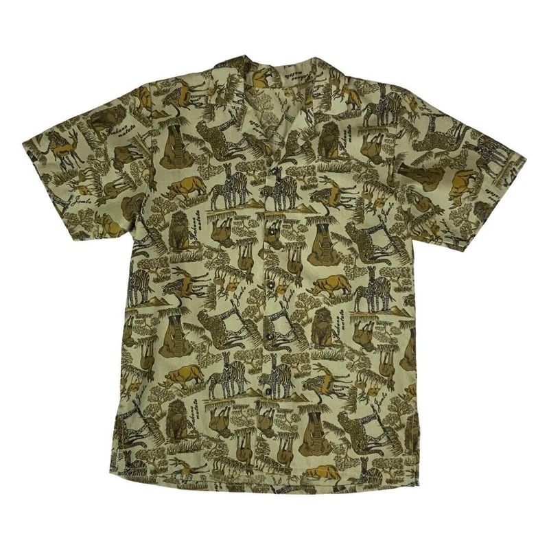 VTG Crazy Pattern Animal Print Cotton Hawaiian Aloha Shirt Rockabilly S