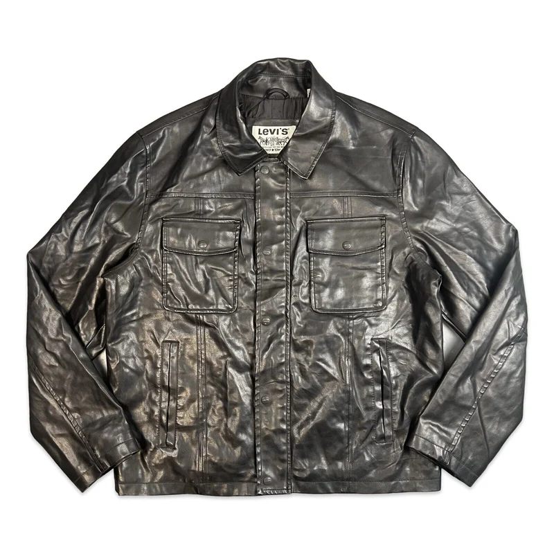 LEVIS BLACK SOFT VEGAN FAUX LEATHER JACKET LINED 4 POCKET BUTTON DOWN L 42”