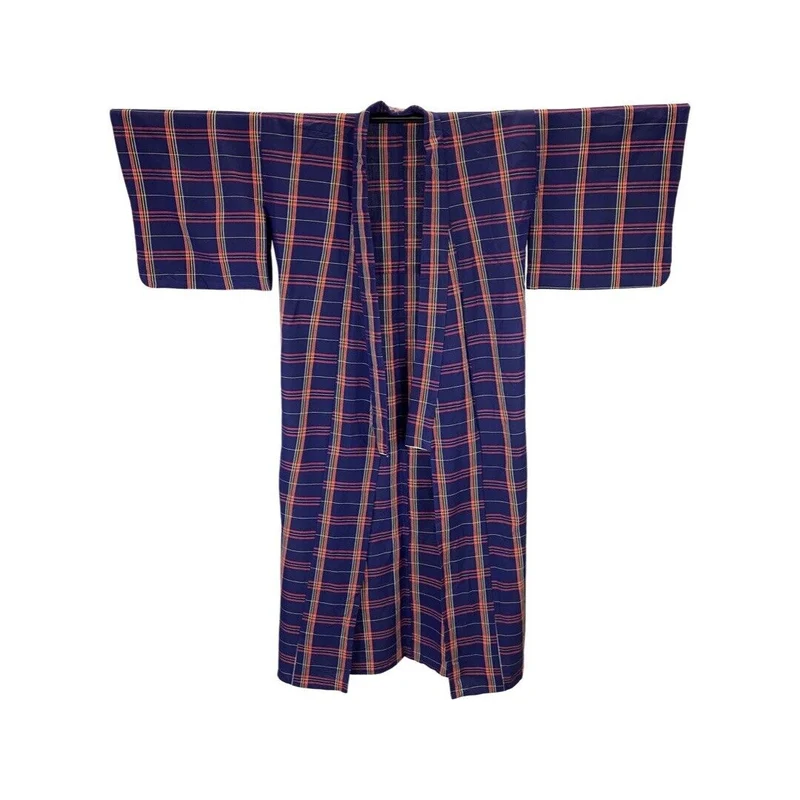 Vintage 80s 90s Indigo Blue Red Yellow Checked Komon Showa Kimono 12 14 M