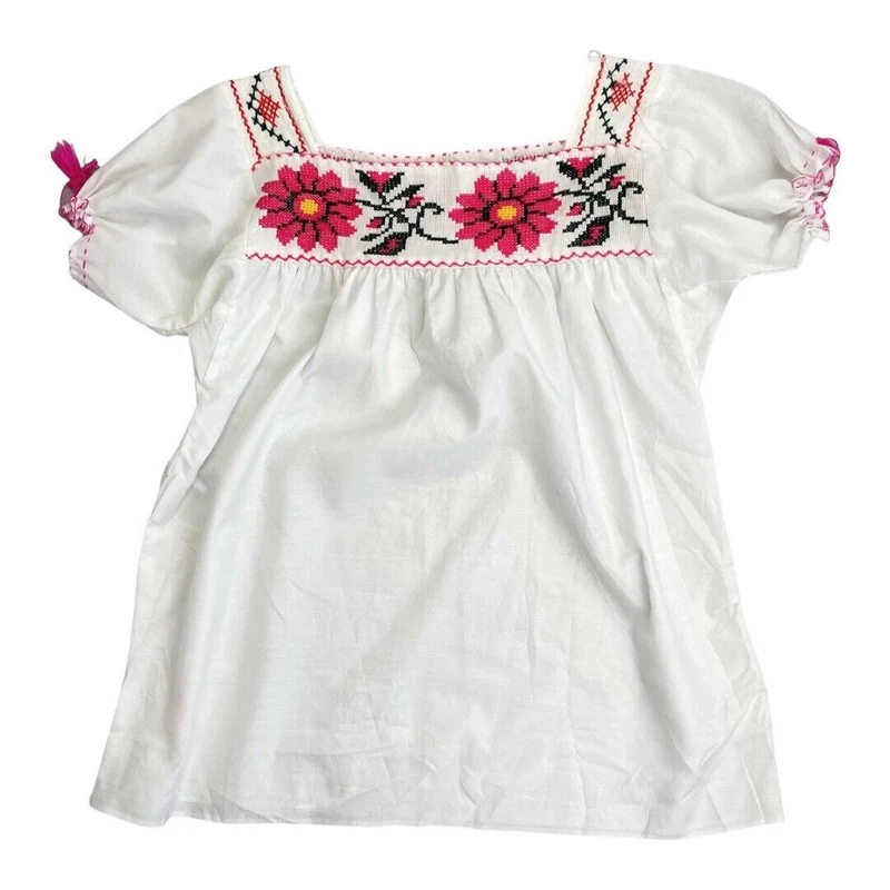 Vintage 80s90s White Cross Stitch Floral Handmade Tunic Smock Blouse Top L 14/16