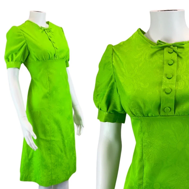 Vintage Green 60s Style Floral Bow Puff Sleeve Mod Dress 8 10 S