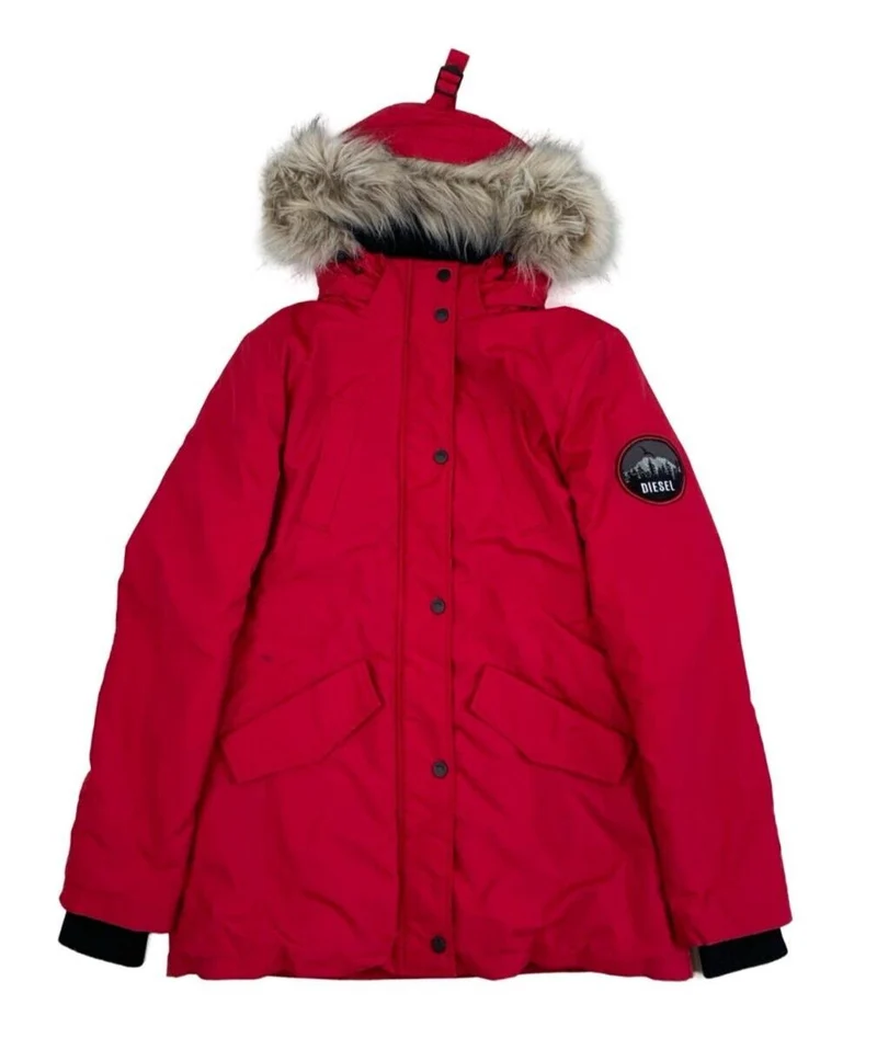 DIESEL RED FUR TRIM HOODED PARKA OUTDOOR WINTER JACKET LARGE