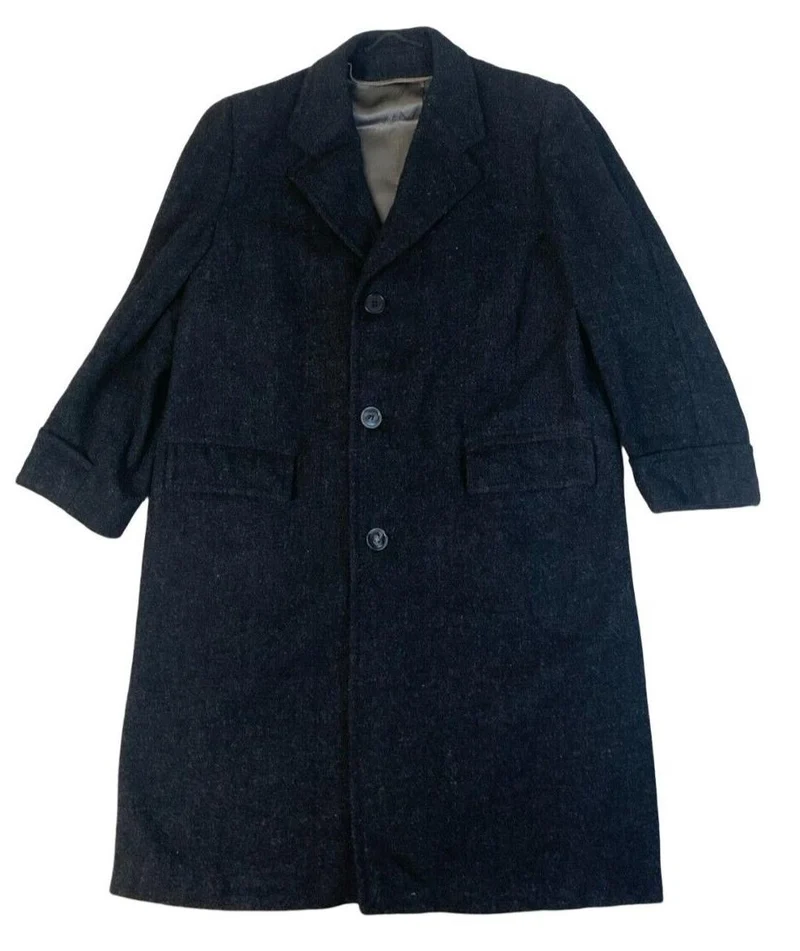 VTG 50s HARRIS TWEED CHARCOAL FLECK WOOL OVERCOAT SATIN LINED L-XL