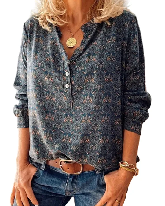 Kvinnors Långärmad Blus med Vintagetryck