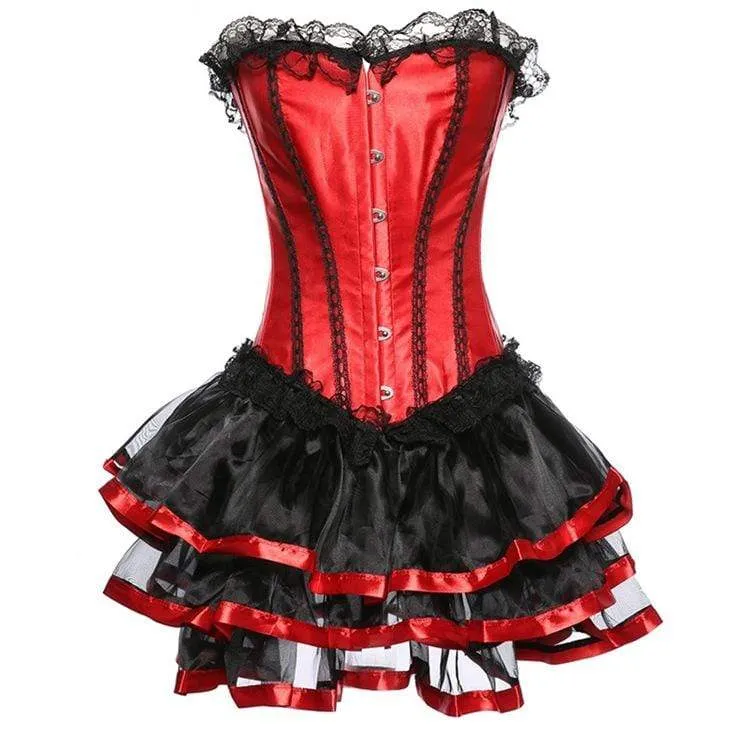 Kvinnors vintage spetsfåll Satin Overbust korsetter med kjolar