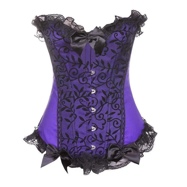 Gotisk spetsfåll för damer Floral Mesh Splicing Satin Overbust Korsetter med T-rygg