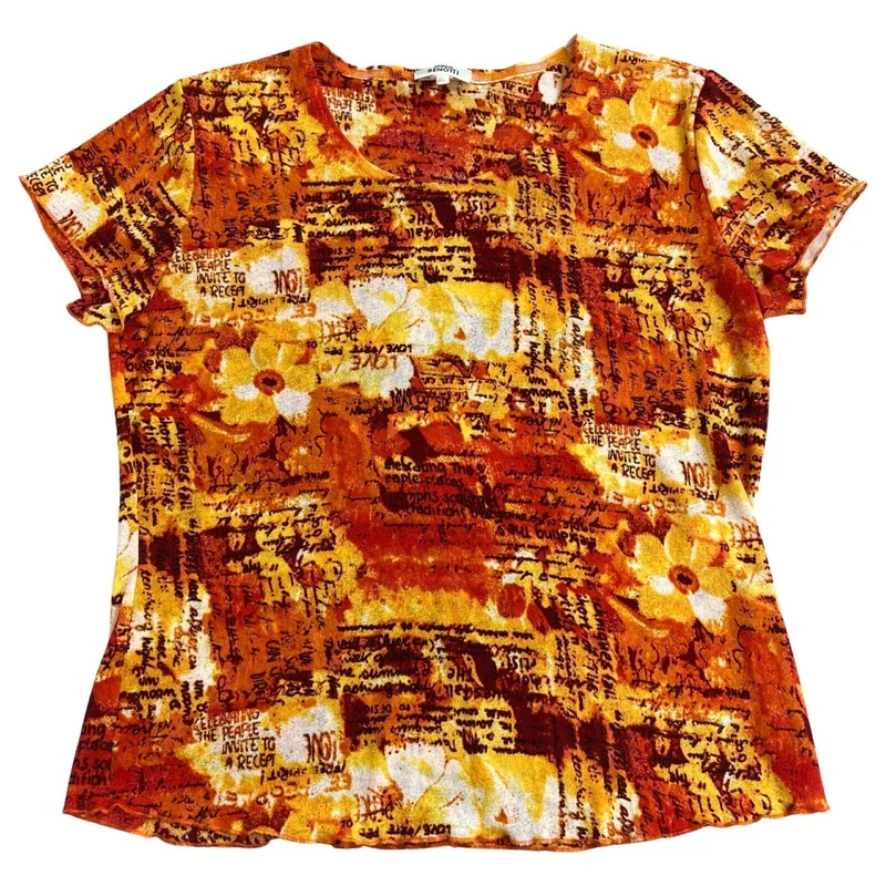 Vintage Y2K Orange Yellow All Over graphic Print Top 14 16 M L