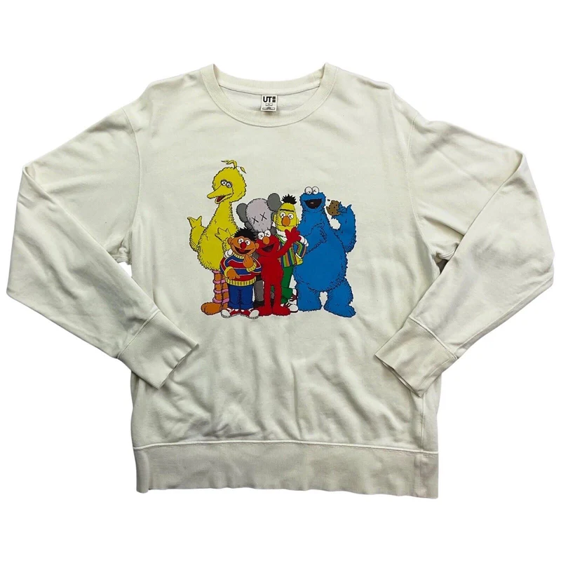 Vintage 00s Cream Uniqlo Kaws Sesame Street Hypebeast Rare Crew Neck Jumper L