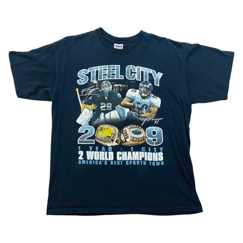 Vintage 2009 Black Steel City Pittsburg Hockey Football Championship Tshirt M