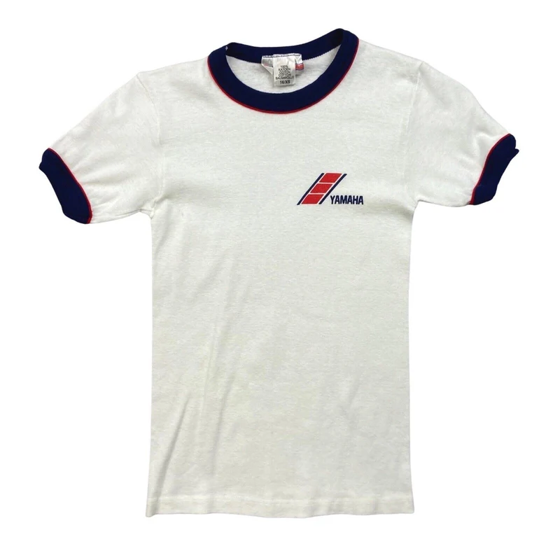 Vintage 90s 00s Y2K White Blue Yamaha Ribbed Fitted Baby Tee XS 6