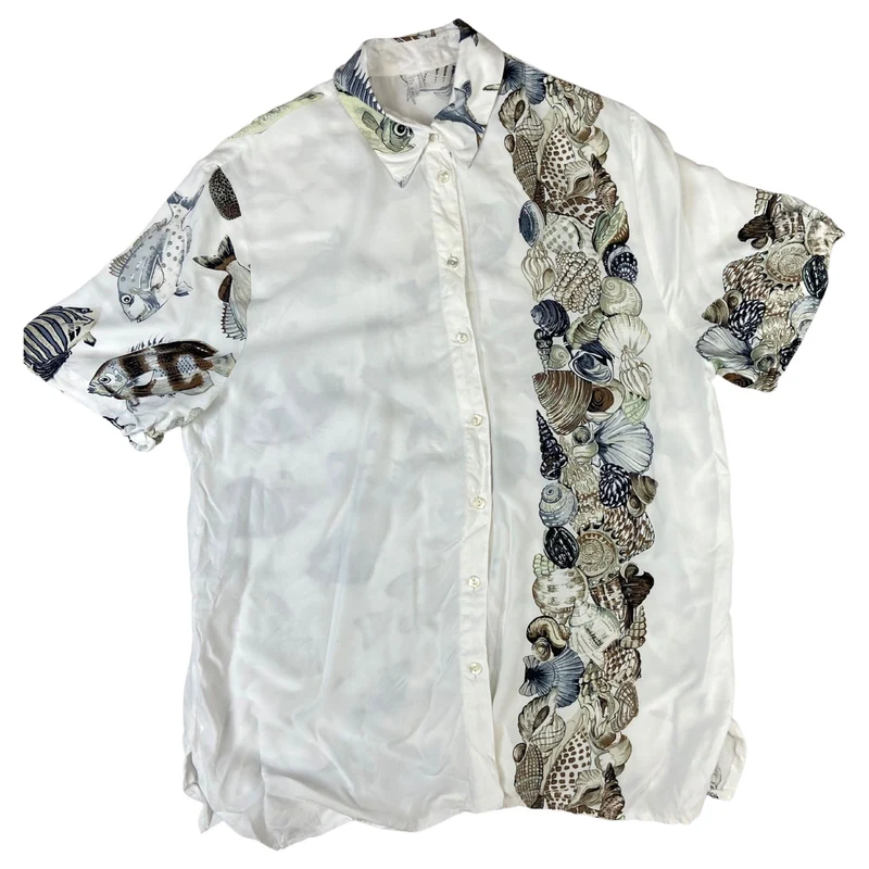 Vintage 80s 90s White Blue Brown Fish Shell Sea Novelty Men's Shirt M