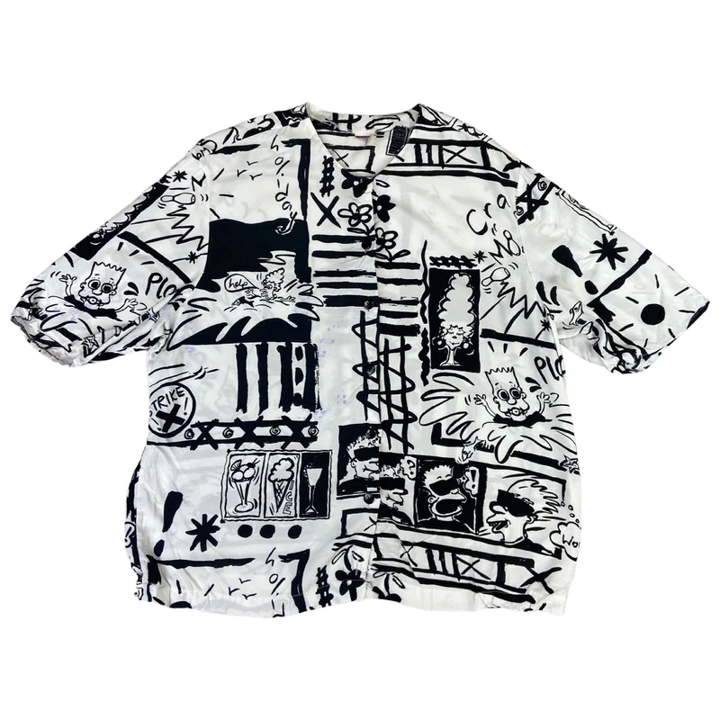 Vintage 80s White and Black Graphic Button Up Collar-Less Shirt XL