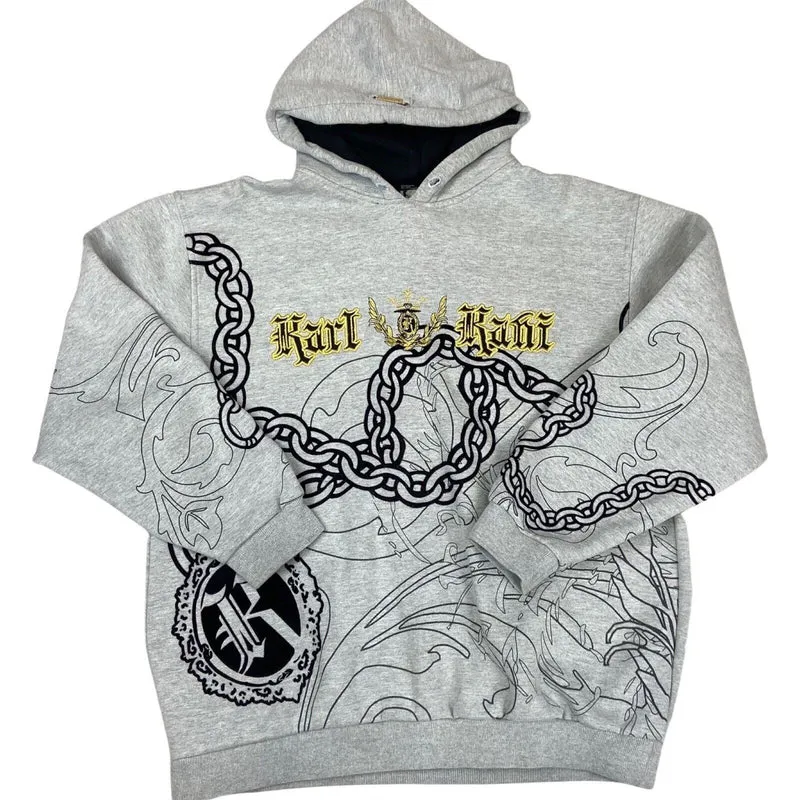 Vintage Y2K Grey Karl Kani Gold Detailing Embroidered Velour Graphic Hoodie XL