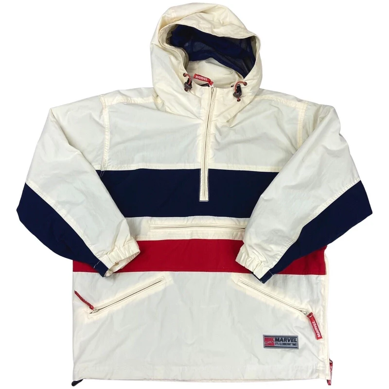 2000s Cream Navy Red Marvel Comics Anorak Utility Jacket Comic Con XL