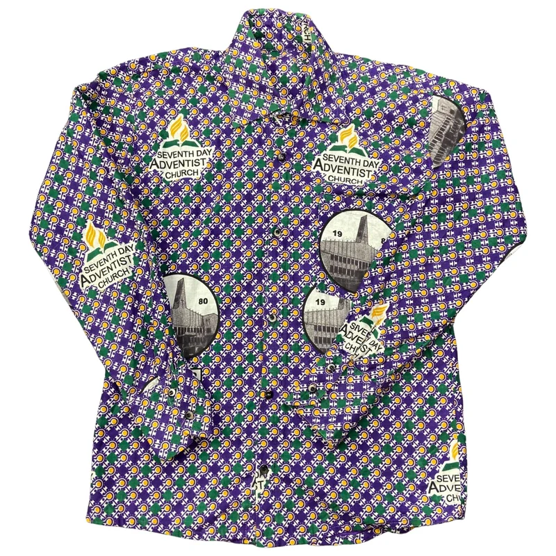 VTG 1980 CRAZY PATTERN 7th DAY ADVENTIST CHURCH TAHO SHIRT GHANA 40” (36)