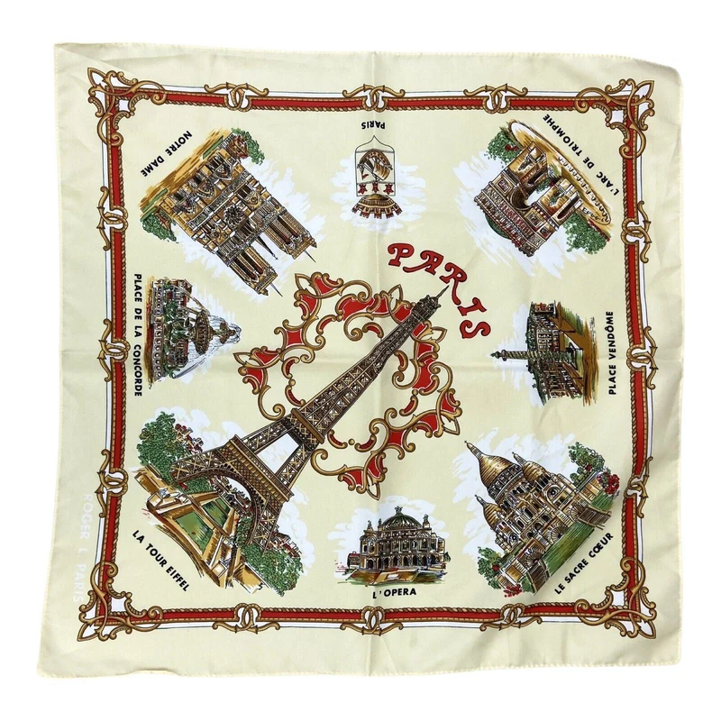 Vintage 90s 00s Cream Red Paris Graphic Print Patterned Scarf