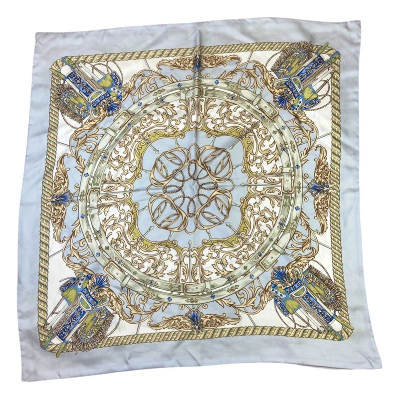 Vintage 80s 90s Cream Grey Filigree Jewelled Equestrian Double Sided Print Scarf