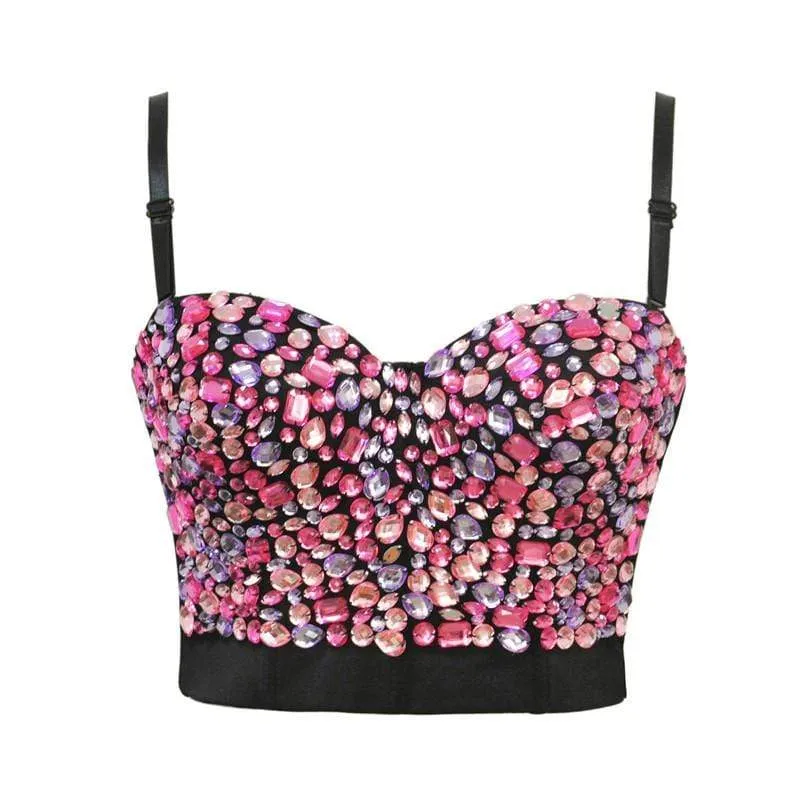 Damer i enfärgad strass pärl Push Up BH Dubbade Gem Clubwear Party Bustier Crop Top