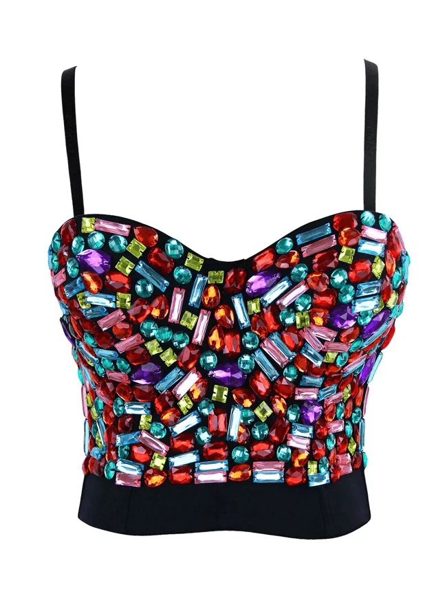 Färgglada Rhinestone Push Up-bh för damer Clubwear Party Bustier Crop Top