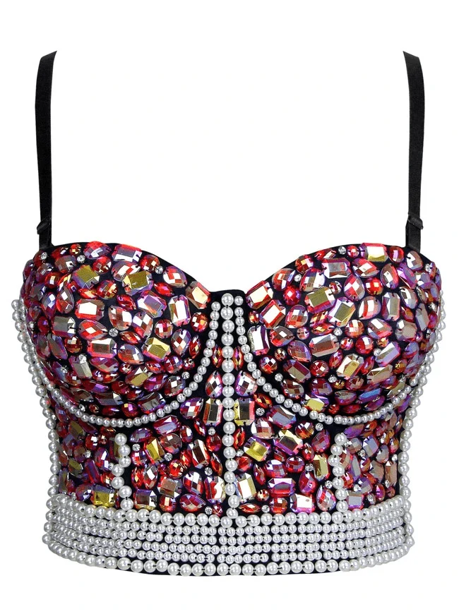 Färgglada strass pärlor Push Up Clubwear Bustier Crop Top BH för kvinnor