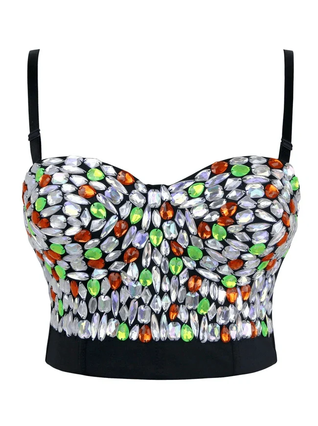 Spaghettiband för damer Rhinestone Push Up BH med pärlor Dubbade Gem Clubwear Party Bustier Crop Top