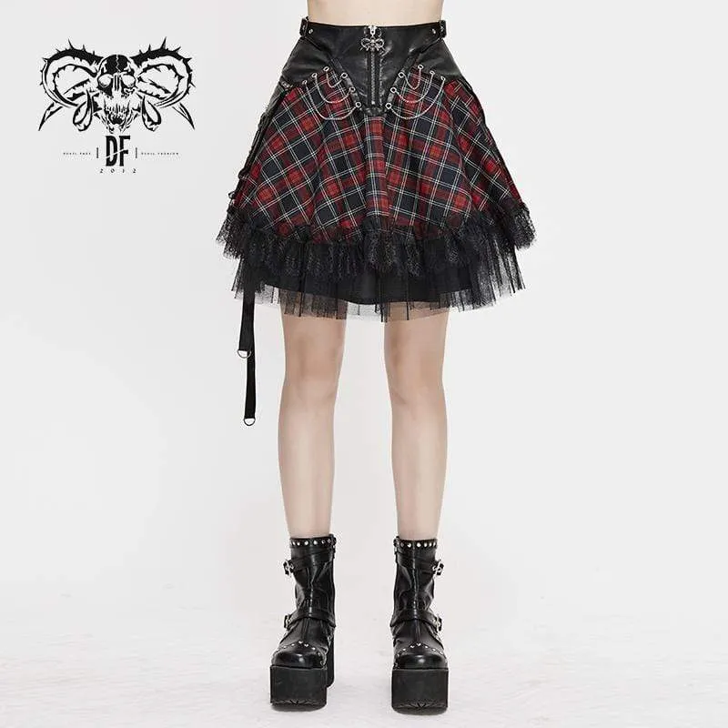 Gothic Strappy Mesh Rutiga kjolar för kvinnor med kedjor