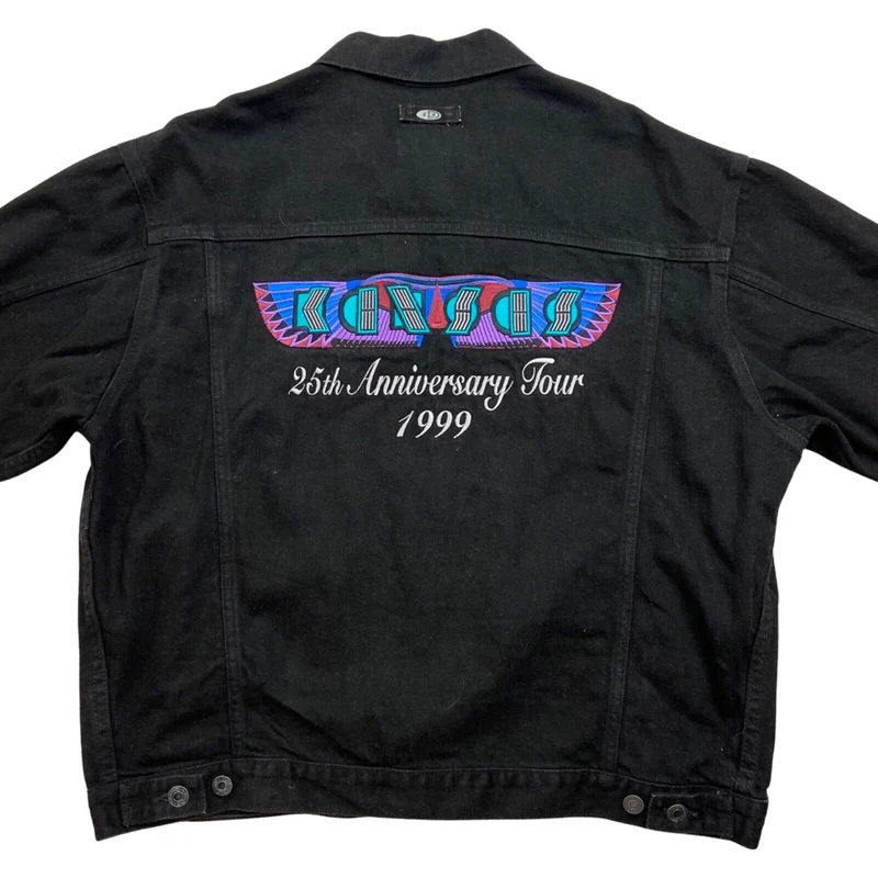 Vtg 1999 Kansas Band 25th Anniversary Embroidered Merch Black Denim Jacket XL
