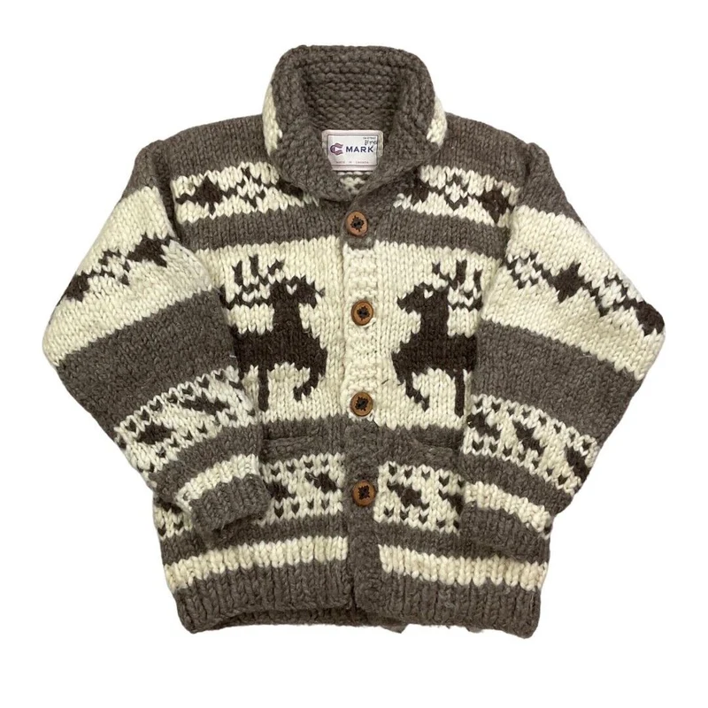 VINTAGE 70s MENS CREAM WOOL COWICHAN GRAPHIC KNIT ROCKABILLY CARDIGAN 40” M