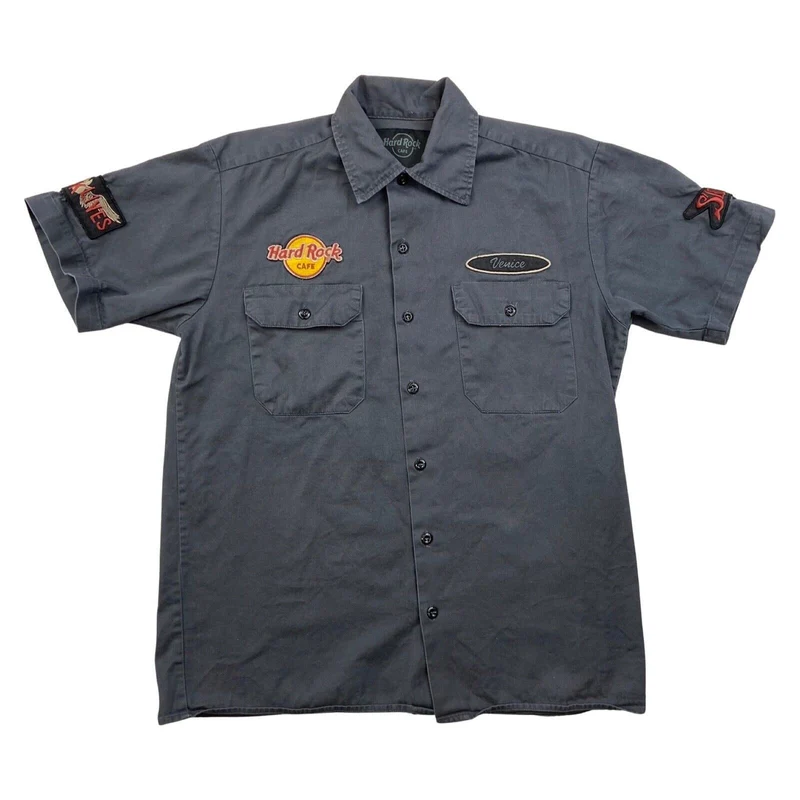 Vintage 90s 00s Grey Hard Rock Cafe Patch Button Up Shirt M