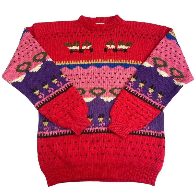 Vintage 90s Red Pink Novelty Pattern Knit Jumper L
