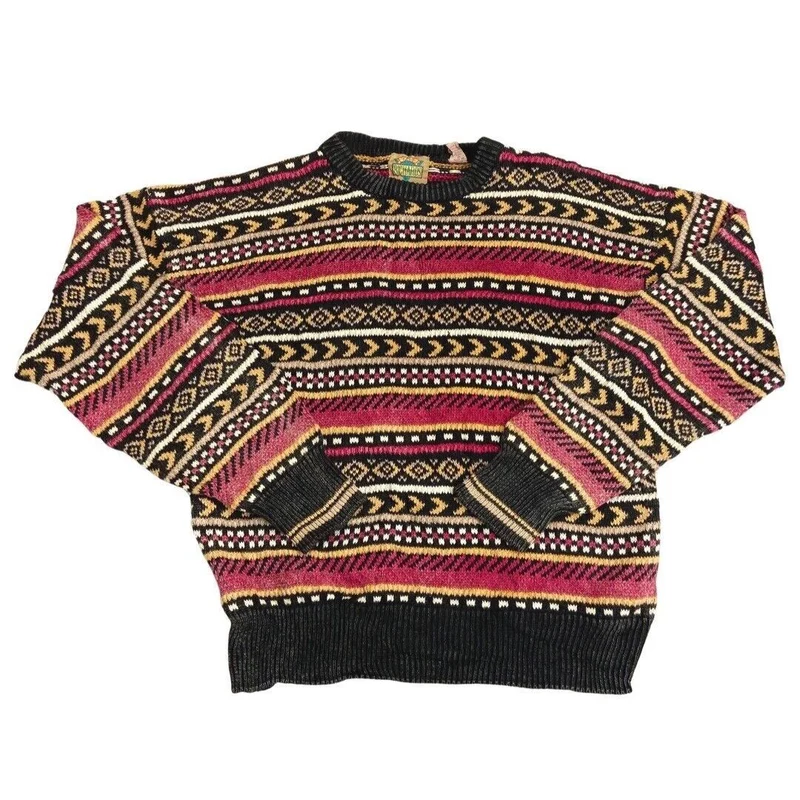 Vintage 80s 90s Pink Yellow Geometric Style Patterned Knit Jumper L