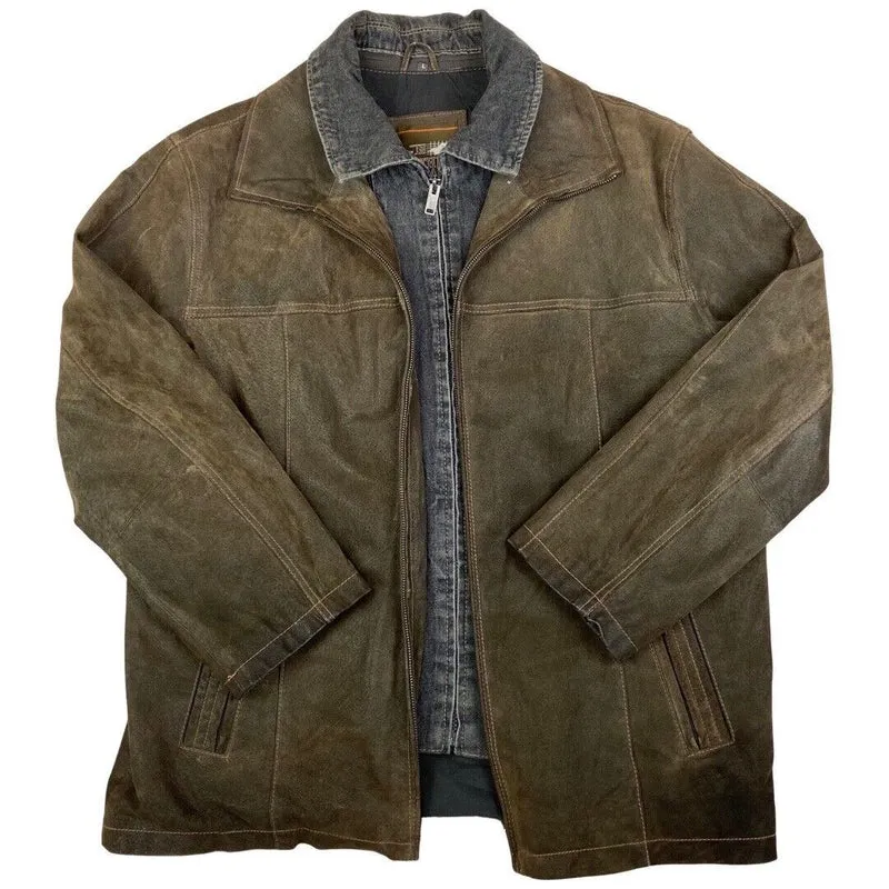 Vintage 90s Brown Leather Zip Down Jacket Denim Lining XXL