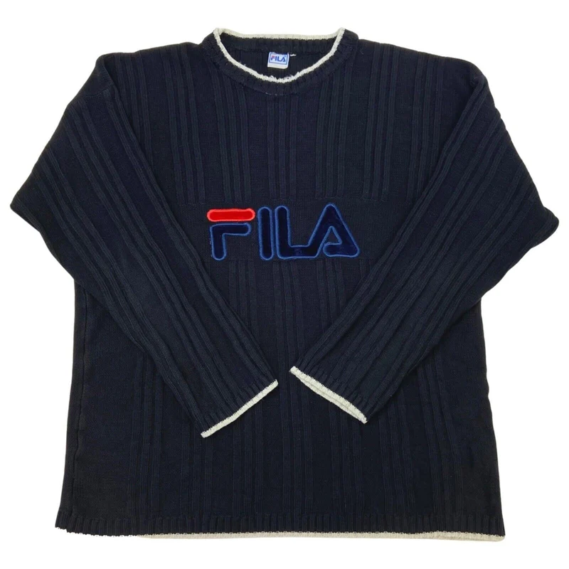 Vintage 90s Black Appliqué Fila Spell Out Knit Sweater XL