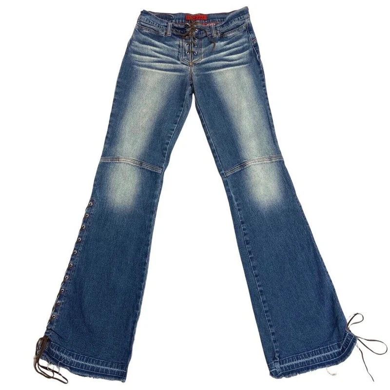 Vintage 90s Y2K Blue Denim Flared Lace Up Detail Low Rise Jeans 8 10 S