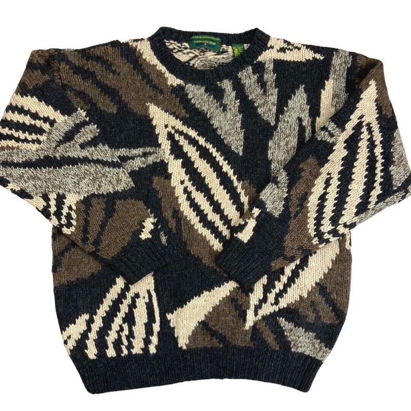 Vintage 90s Brown Grey Patterned Handknit Wool Jumper XL