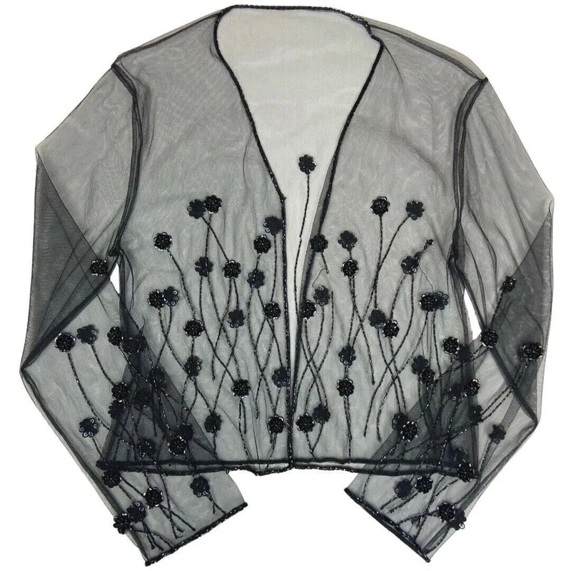 Vintage 90s 00s Black Mesh Embellished Long Sleeve Sparkly Party Top S